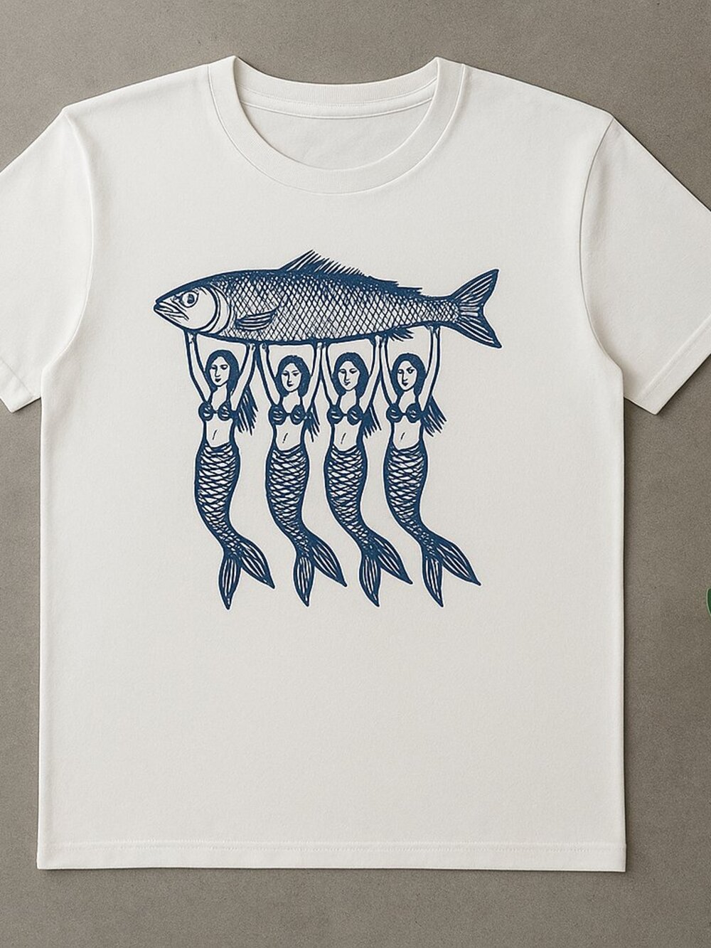 Mermaids Holding Fish Woodcut Style Graphic Tee Vintage Nautical